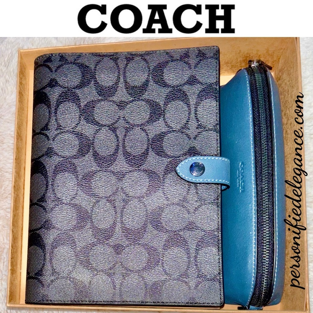 NEW Coach Charcoal Denim Signature Print Boxed Notebook and Pencil Case Set